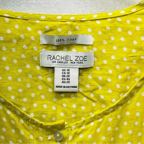 Rachel Zoe Womens 1X Linen Button Down Yellow White Polka Dot Blouse Casual Fun - Picture 5 of 14